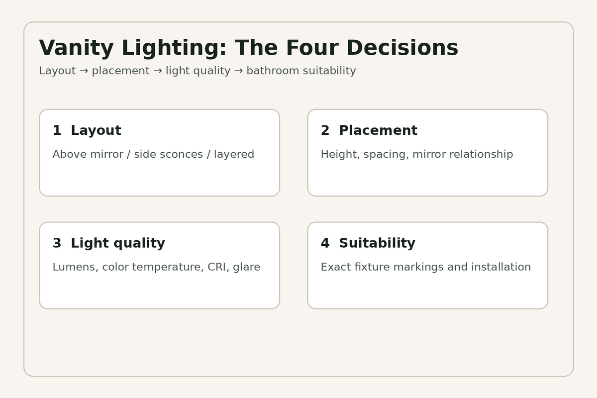 Four decisions in bathroom vanity lighting: layout, placement, light quality and suitability