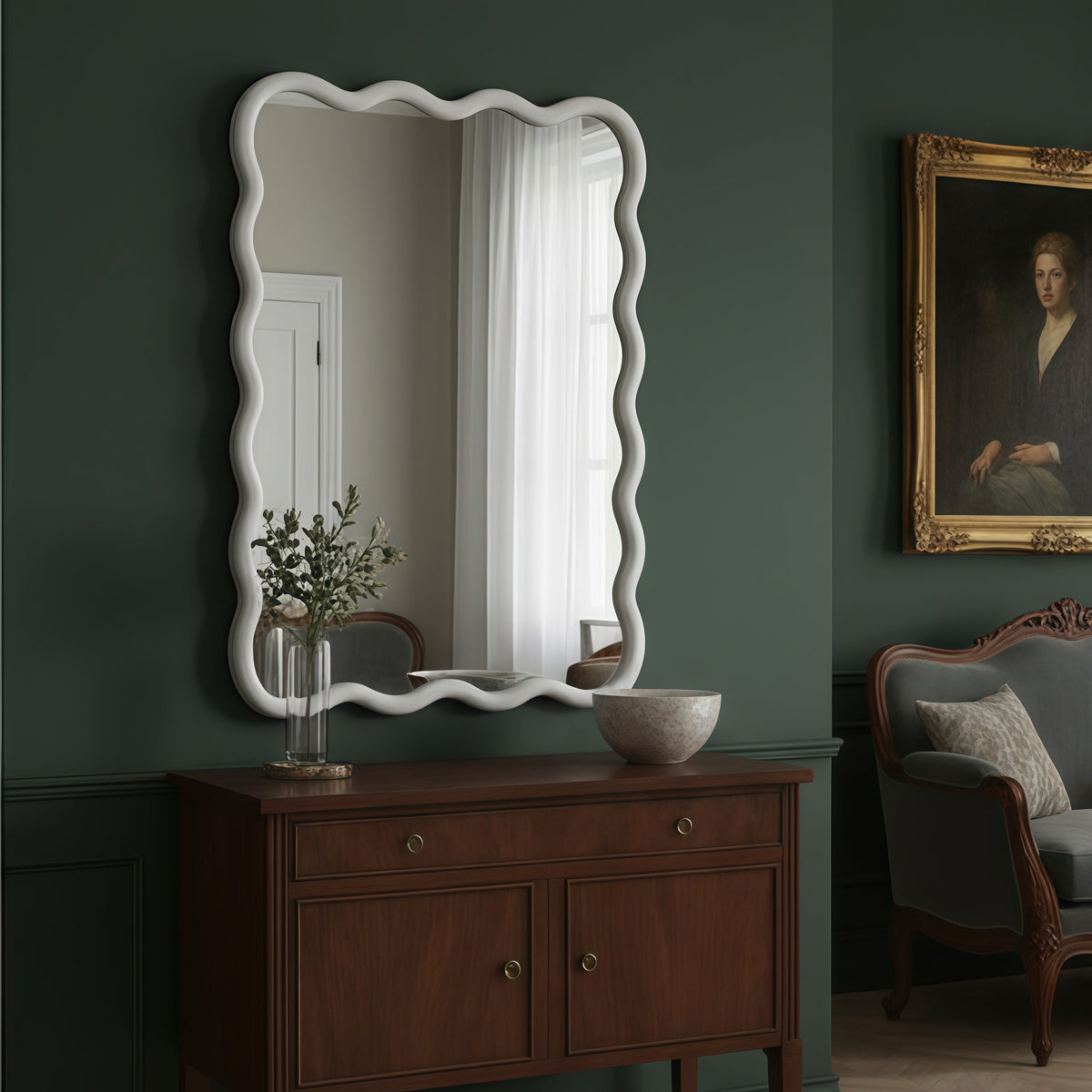 Bathroom mirror edges and wood frame protected from moisture exposure