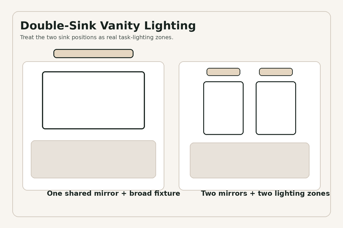 Double-sink vanity lighting layouts with one shared mirror or two separate mirror zones