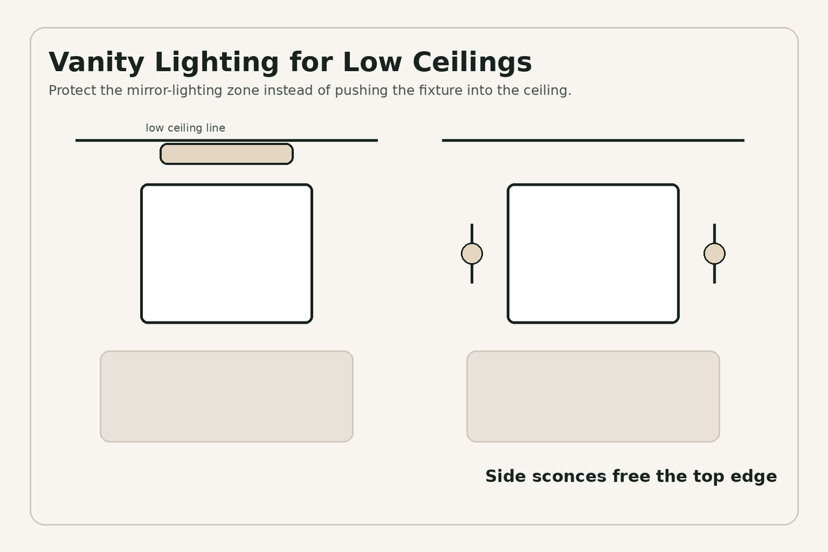 Bathroom vanity lighting options for low ceilings using overhead and side lighting