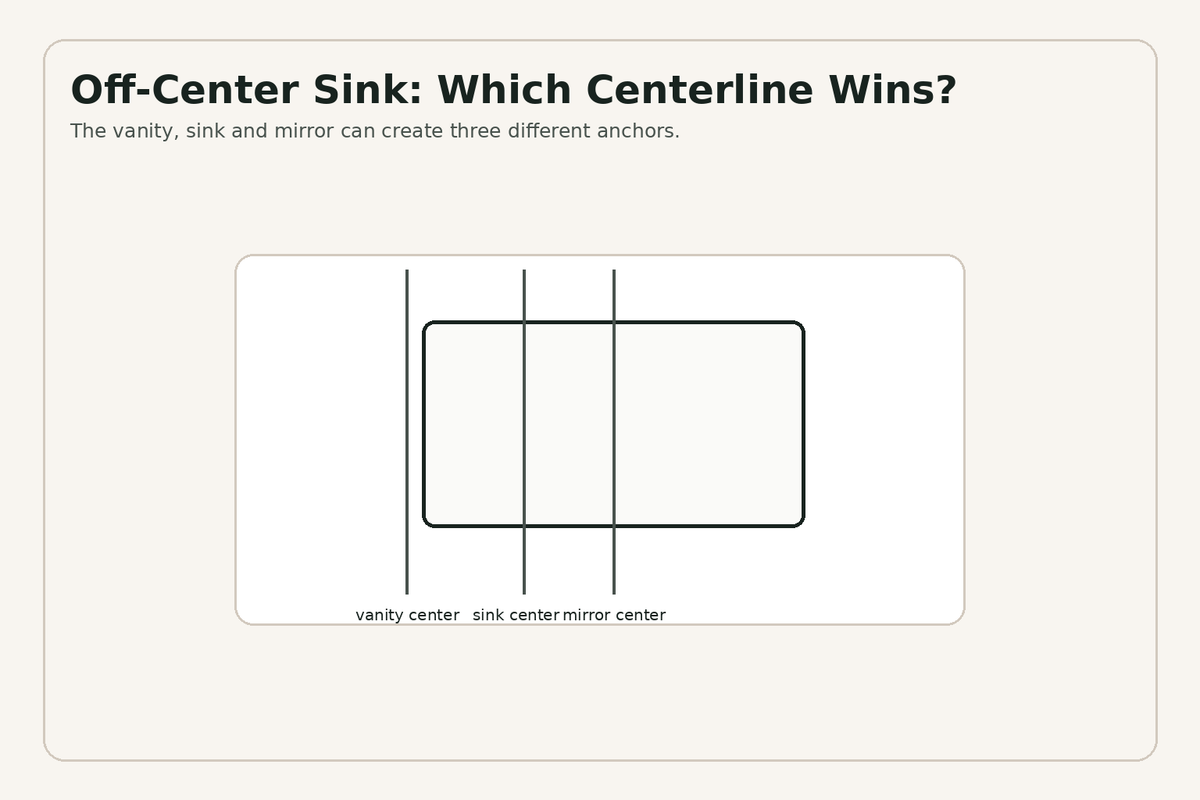 Vanity sink and mirror centerlines in an off-center bathroom sink layout