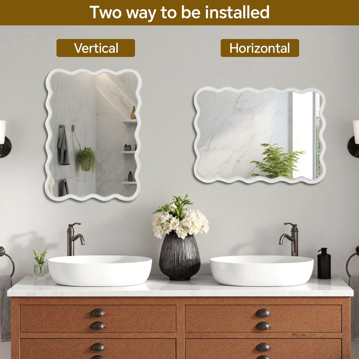 Wavy bathroom mirror prepared for vertical or horizontal mounting