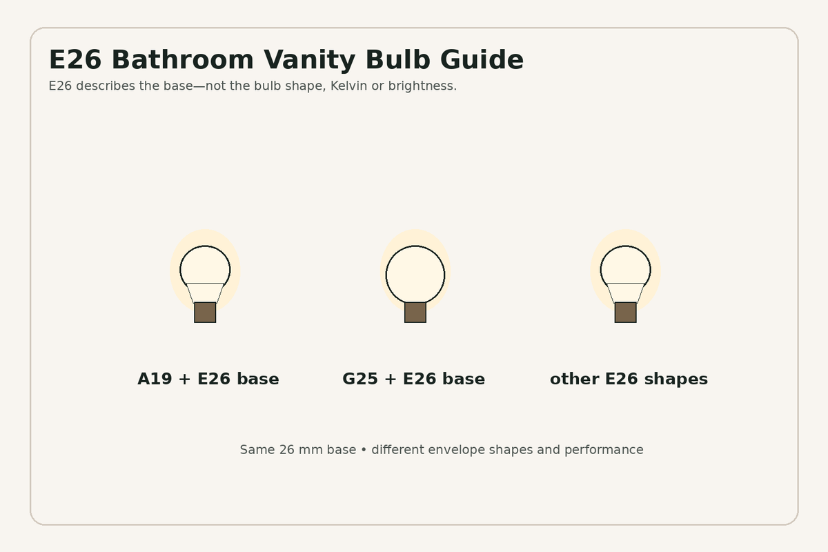 E26 bulb base shown with several different bulb shapes