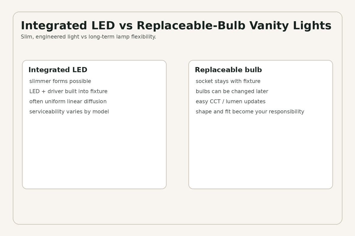 Integrated LED versus replaceable-bulb bathroom vanity lights