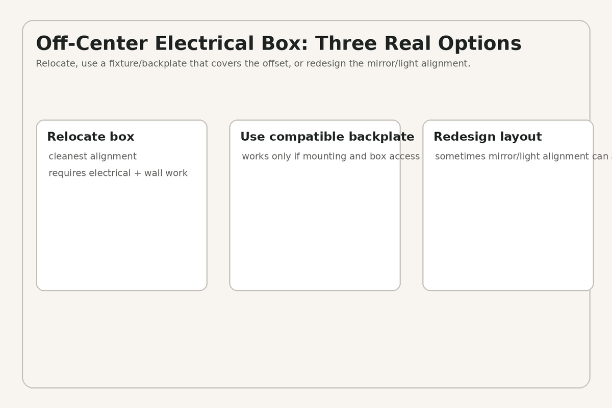 Options for dealing with an off-center electrical box behind a bathroom vanity light