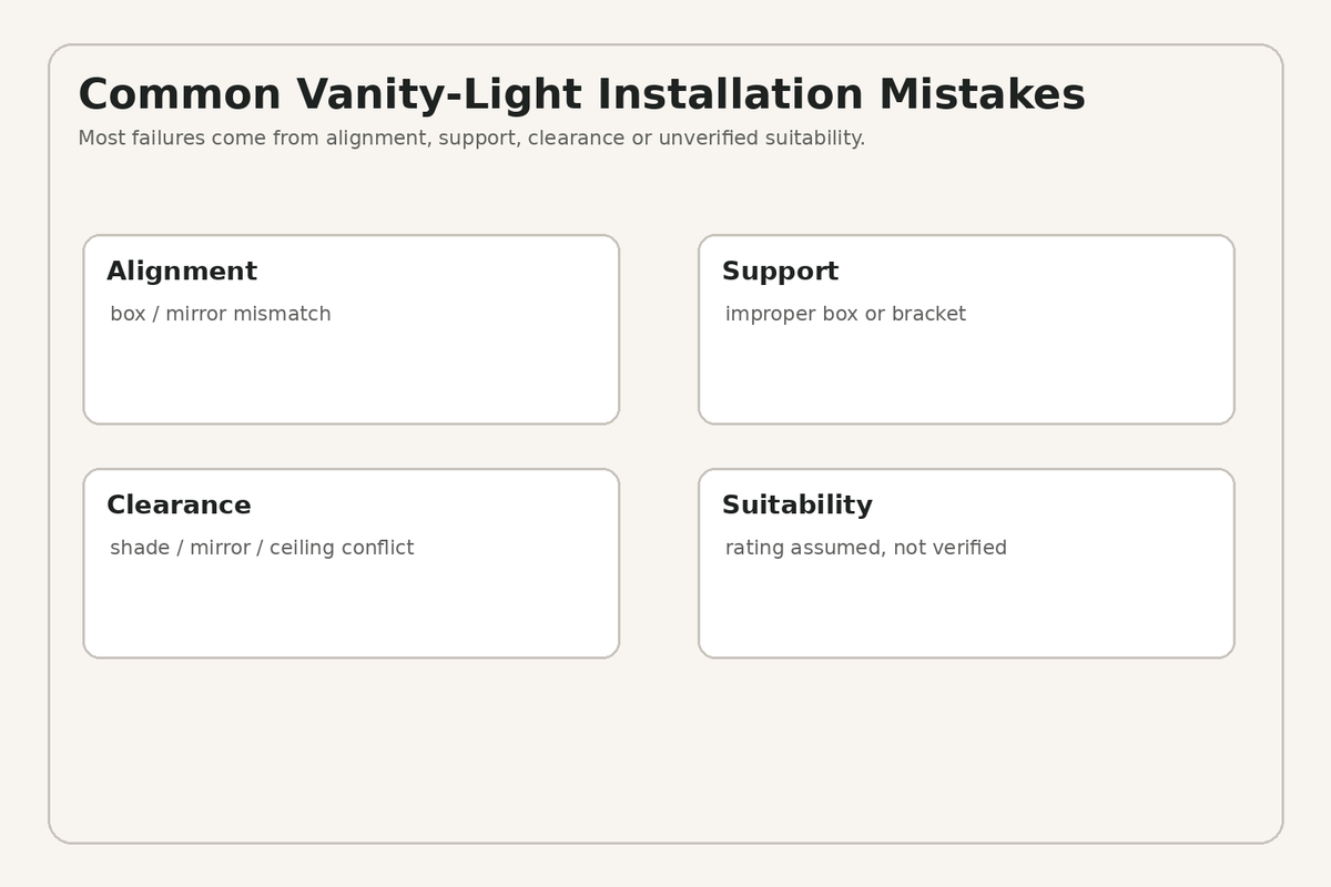 Common bathroom vanity light installation mistakes including alignment support clearance and suitability