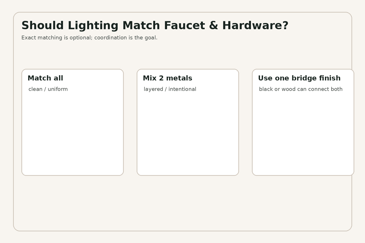 Bathroom lighting faucet and cabinet hardware finish coordination options
