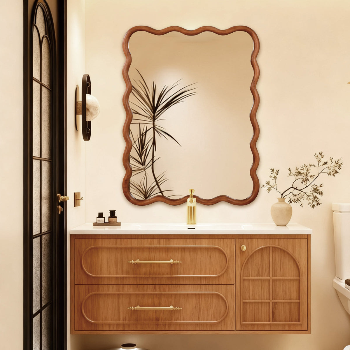 Bathroom mirror with framed edges where black desilvering spots may appear