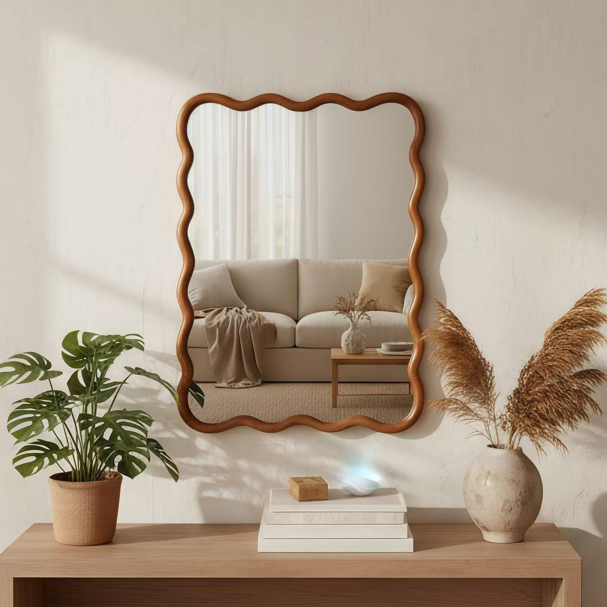 Wood bathroom mirror frame in a humid vanity environment