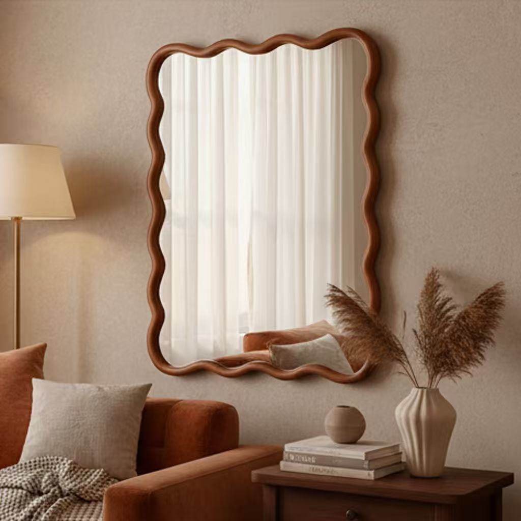 Wood bathroom mirror prepared for side-by-side buying comparison