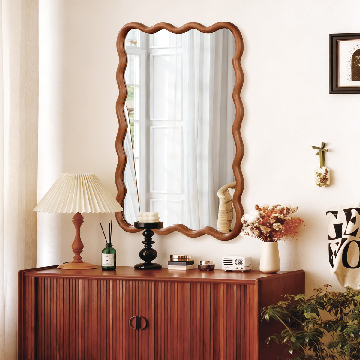Wood-frame bathroom mirror used in a pre-purchase buying checklist