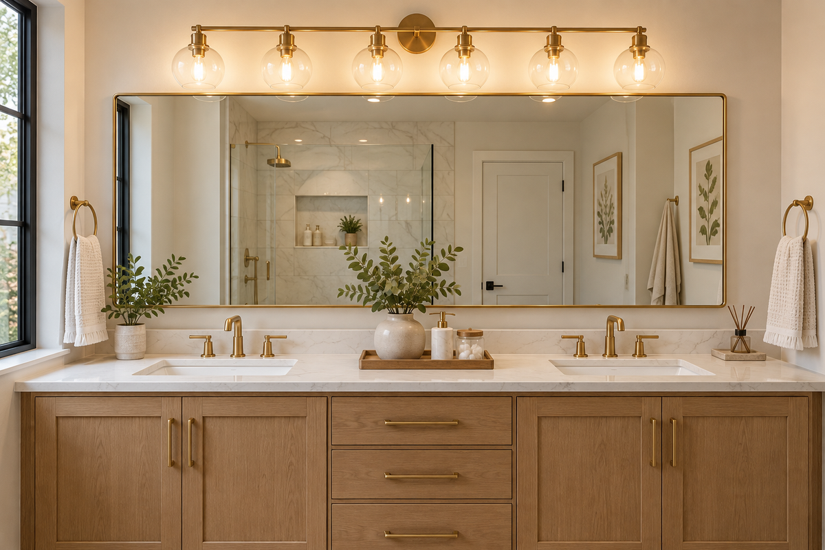 Double vanity with one long six-light fixture spanning a single wide mirror