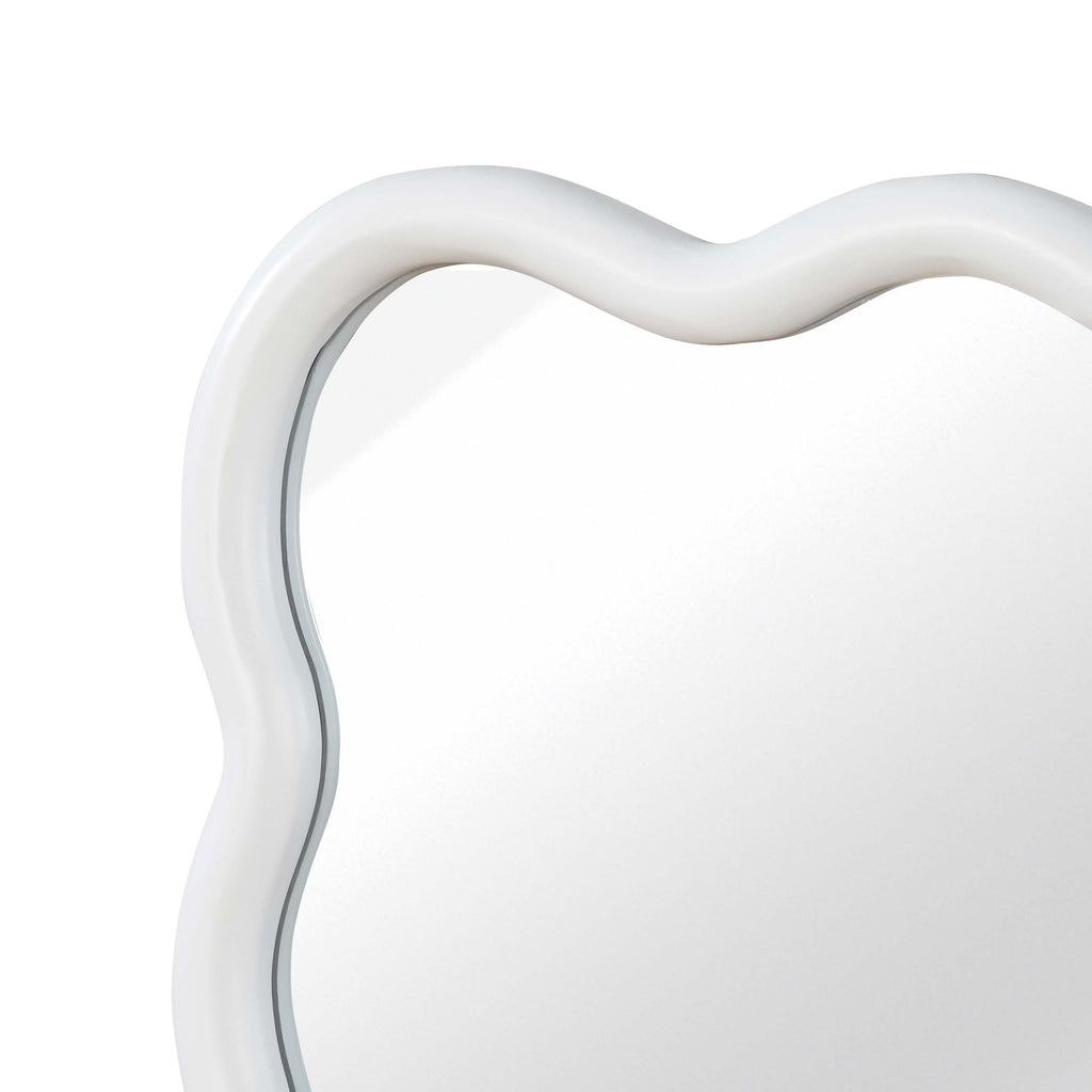 30x40 wavy solid wood bathroom mirror in a styled vanity setting