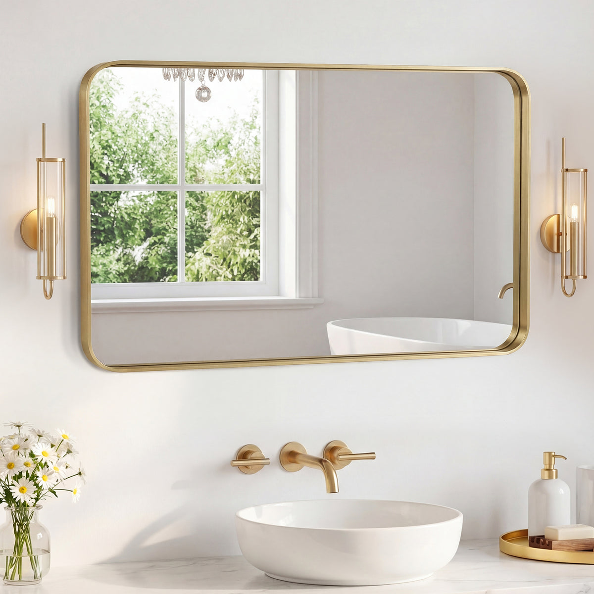 Rounded-corner rectangular bathroom mirror with metal frame detail