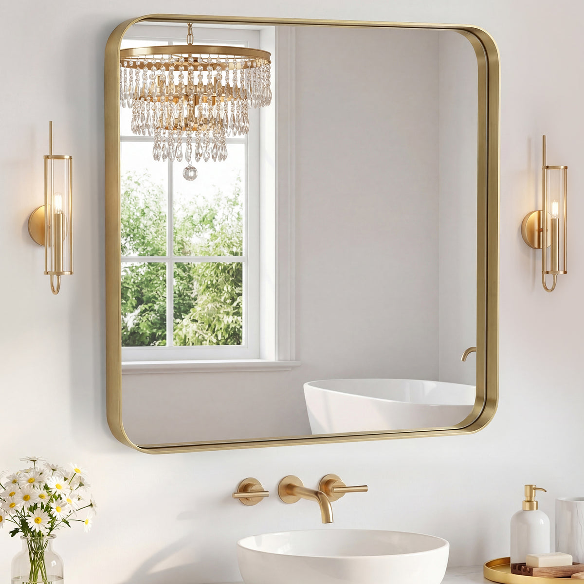 Rectangular bathroom mirror with rounded corners and metal frame — product view 11