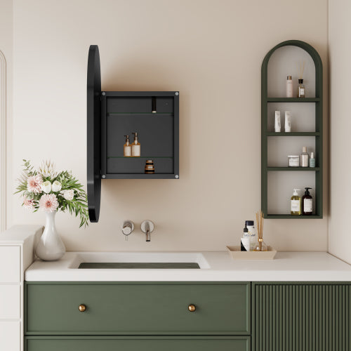 Matte black oval mirror cabinet with metal frame
