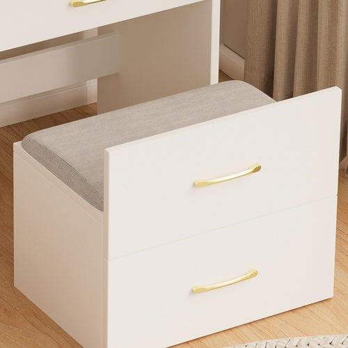 Compact makeup vanity with hidden tall-bottle storage