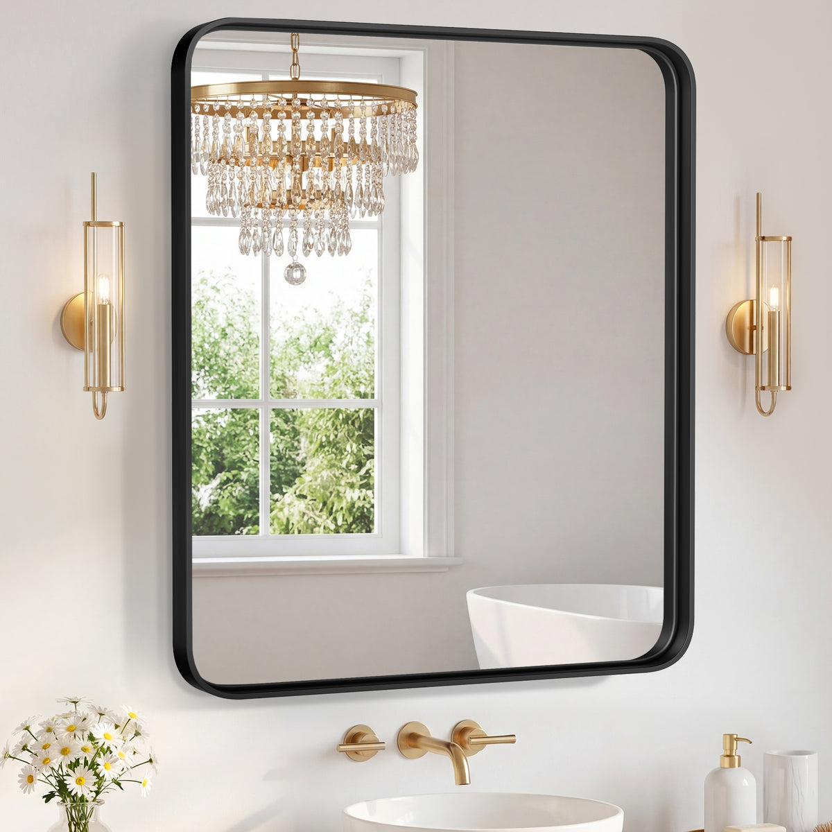 Large rounded-corner bathroom mirror with slim metal frame