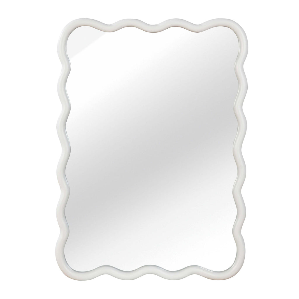 Wood-frame wavy bathroom mirror shown in a modern interior