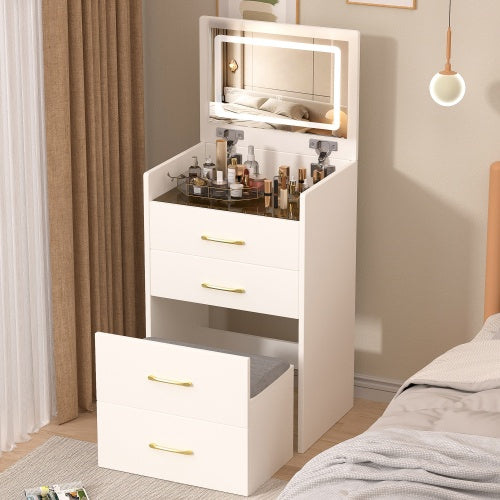 Cushioned stool tucked under compact vanity table