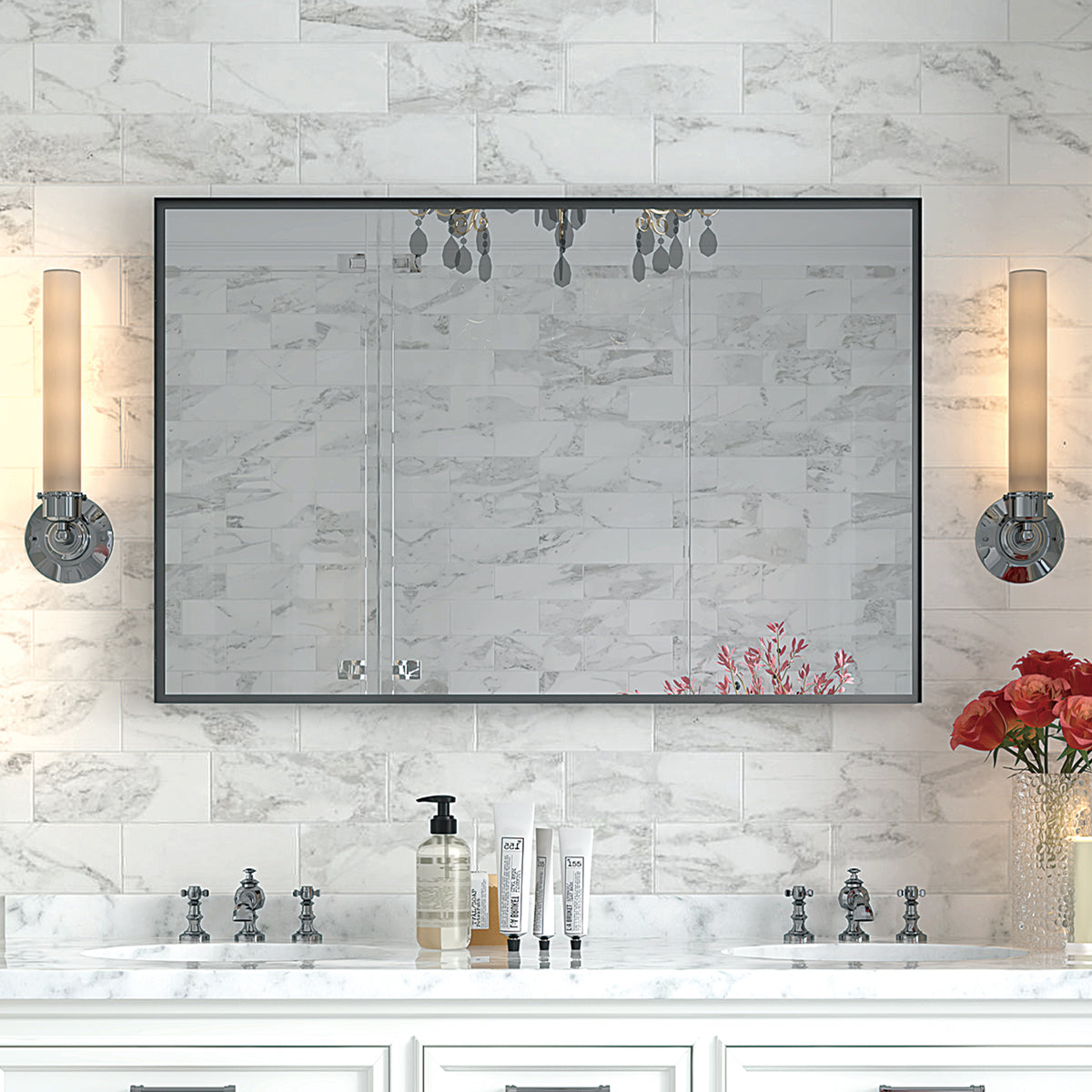 Large rectangular black wall mirror in bathroom interior