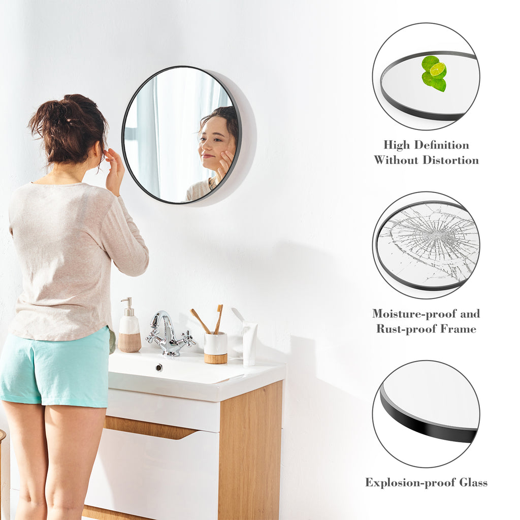Round bathroom mirror with slim aluminum frame detail