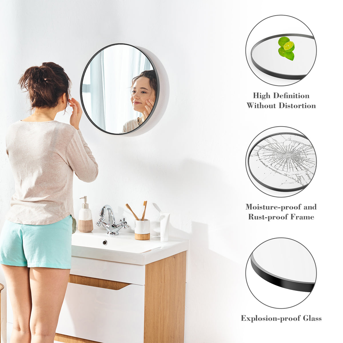 Round bathroom mirror with slim aluminum frame detail