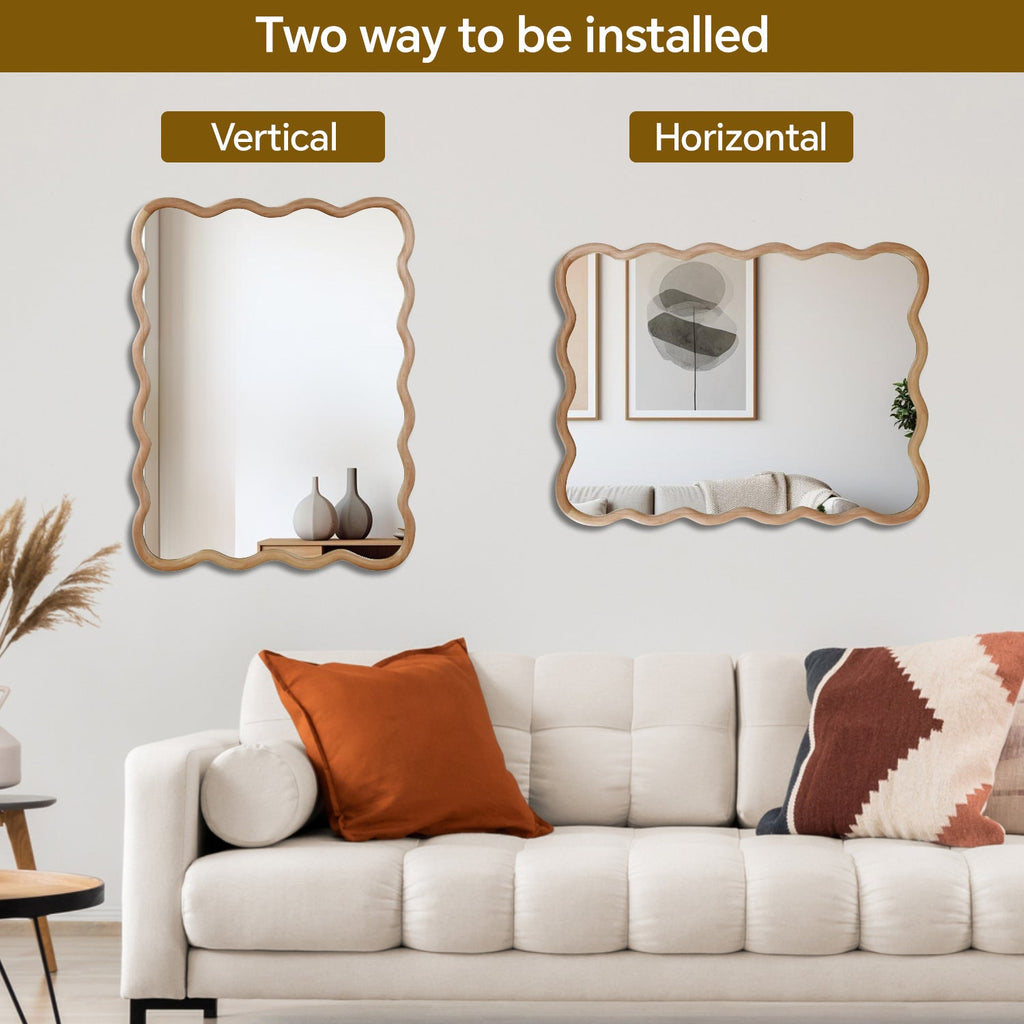 Wood-frame wavy bathroom mirror shown in a modern interior