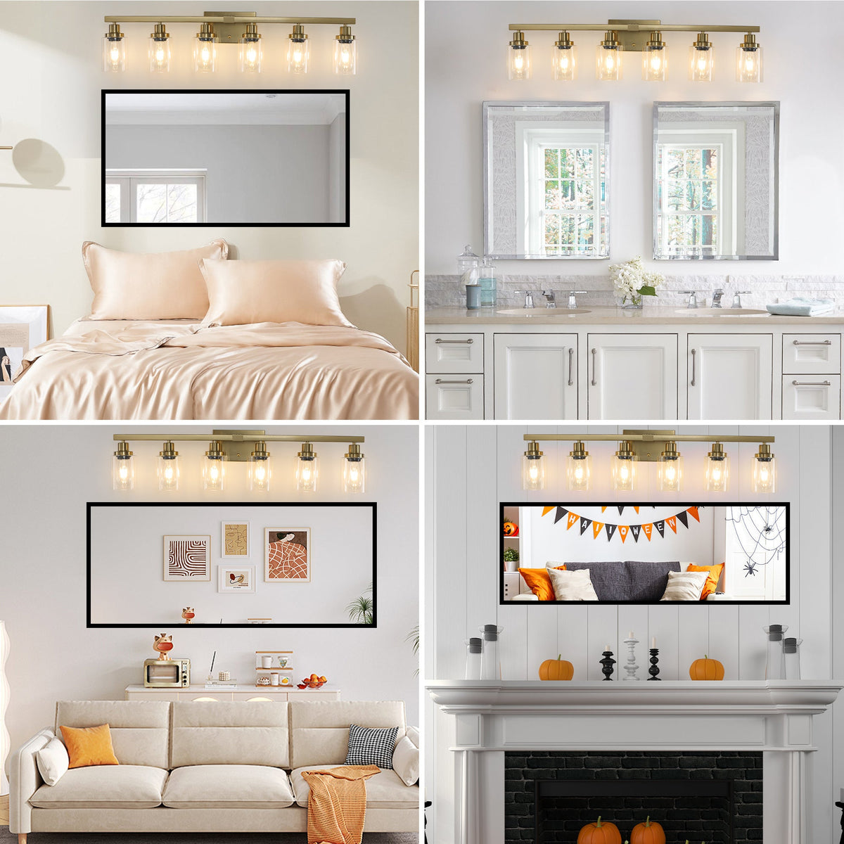 Close view of clear glass shades and golden iron frame on vanity light