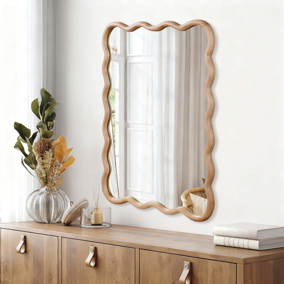 Large wavy rectangular solid wood mirror for bathroom vanity
