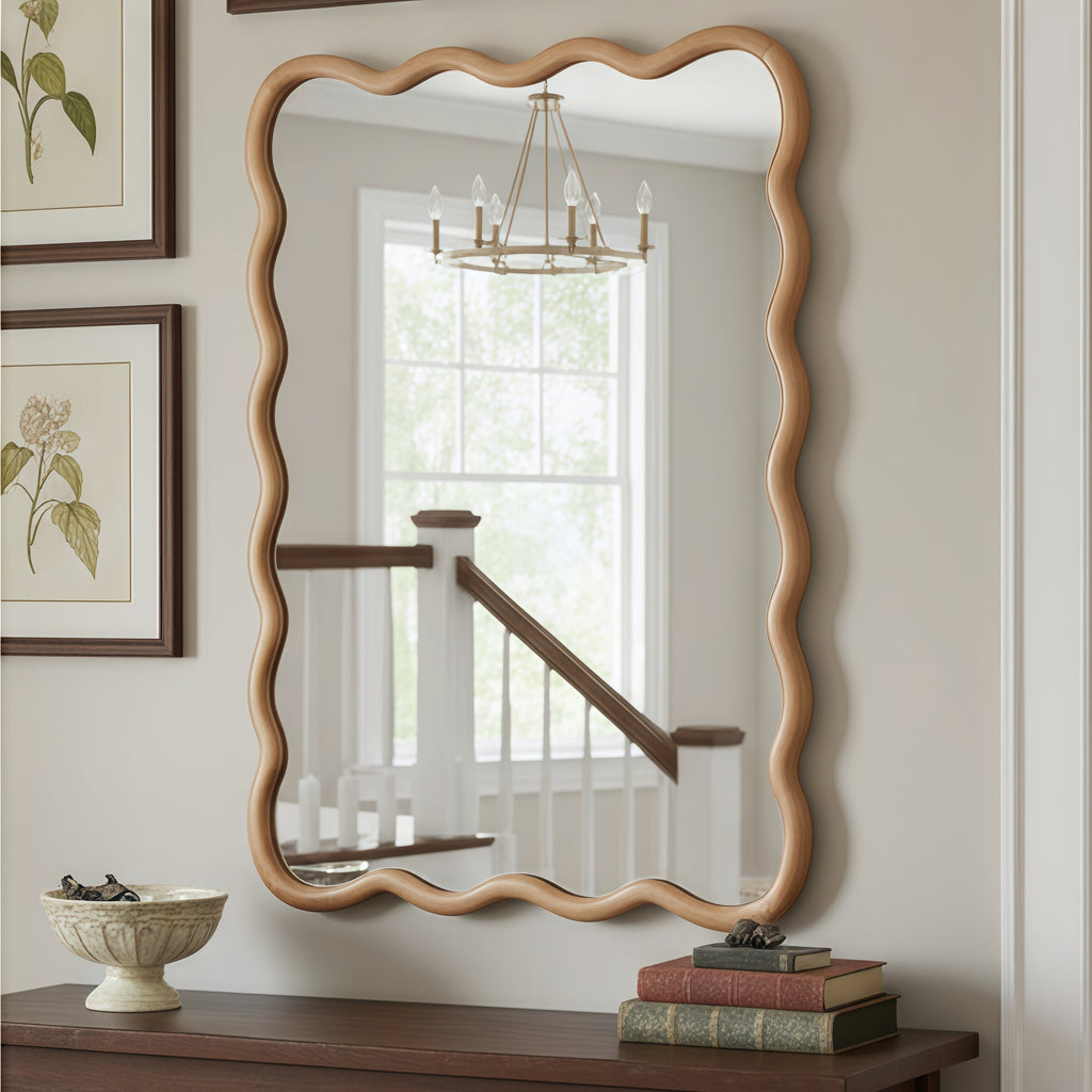 Large wavy rectangular solid wood mirror for bathroom vanity