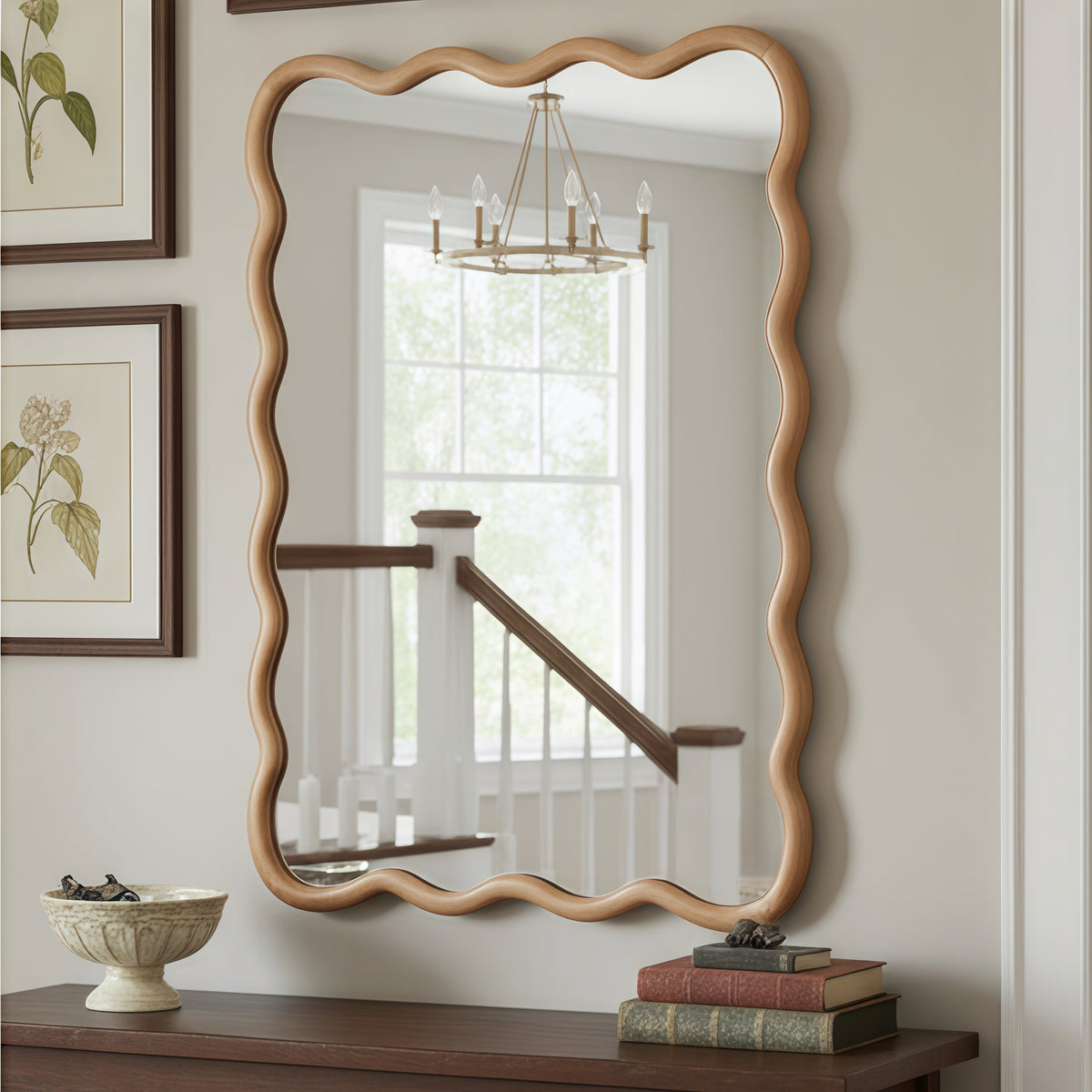 Large wavy rectangular solid wood mirror for bathroom vanity