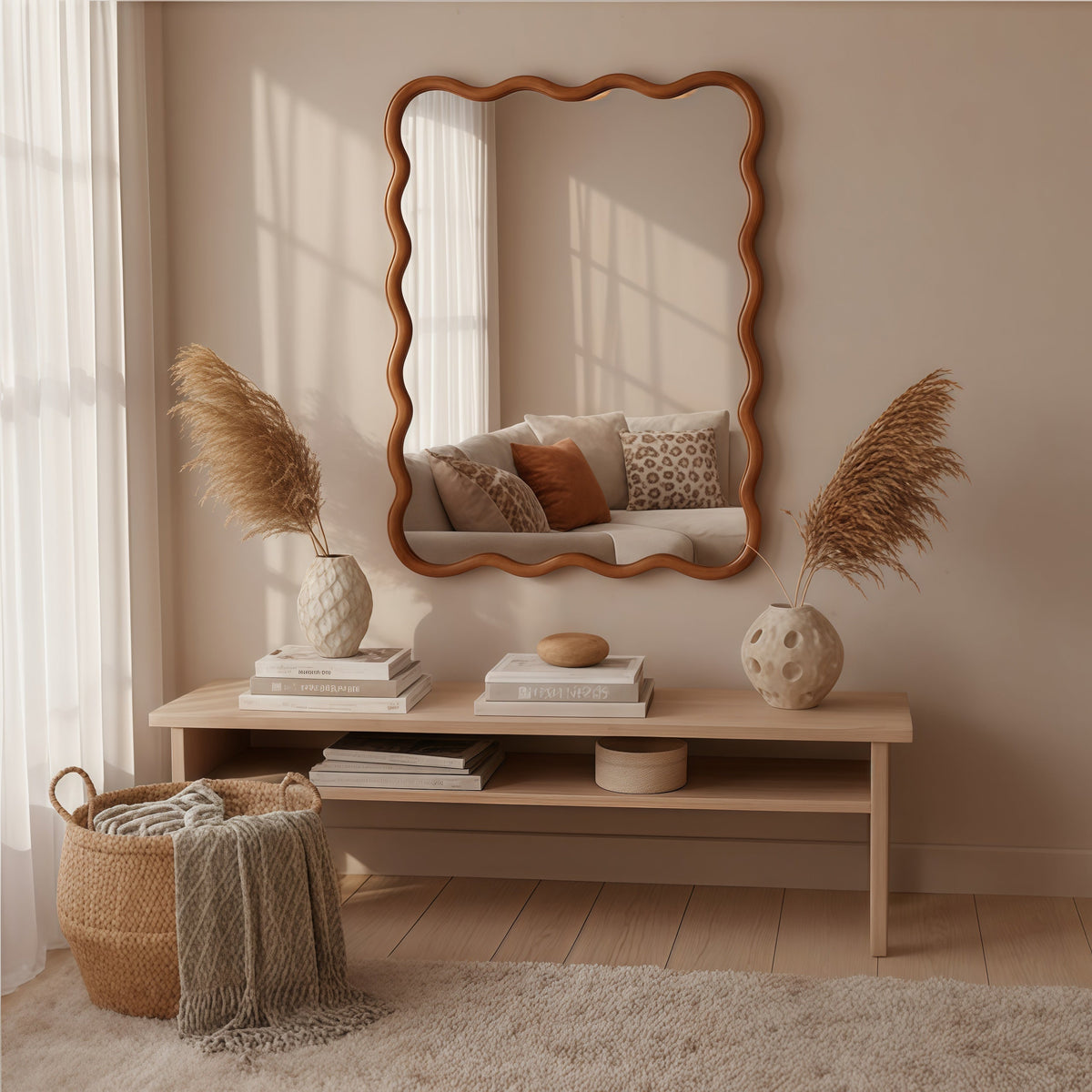 30x40 wavy wood-frame mirror shown as bathroom wall decor