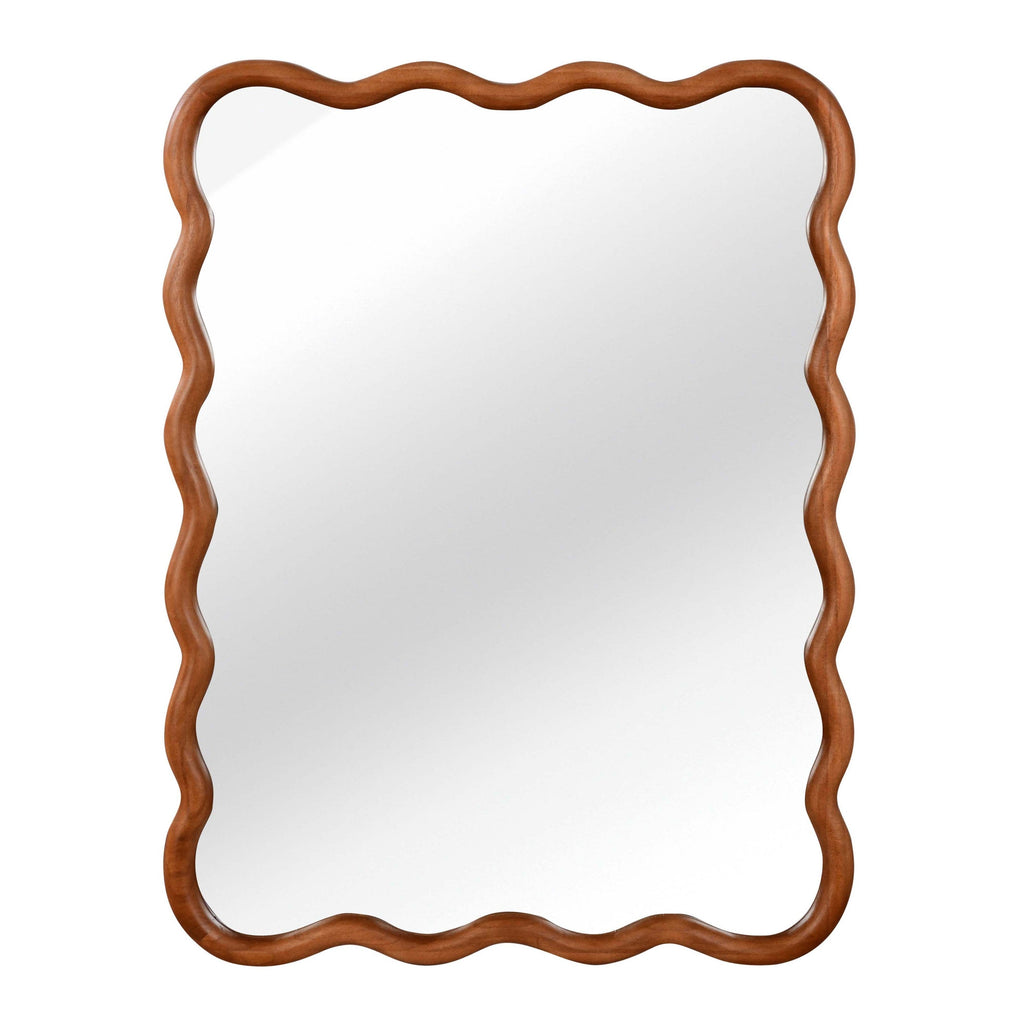 Wood-frame wavy bathroom mirror shown in a modern interior