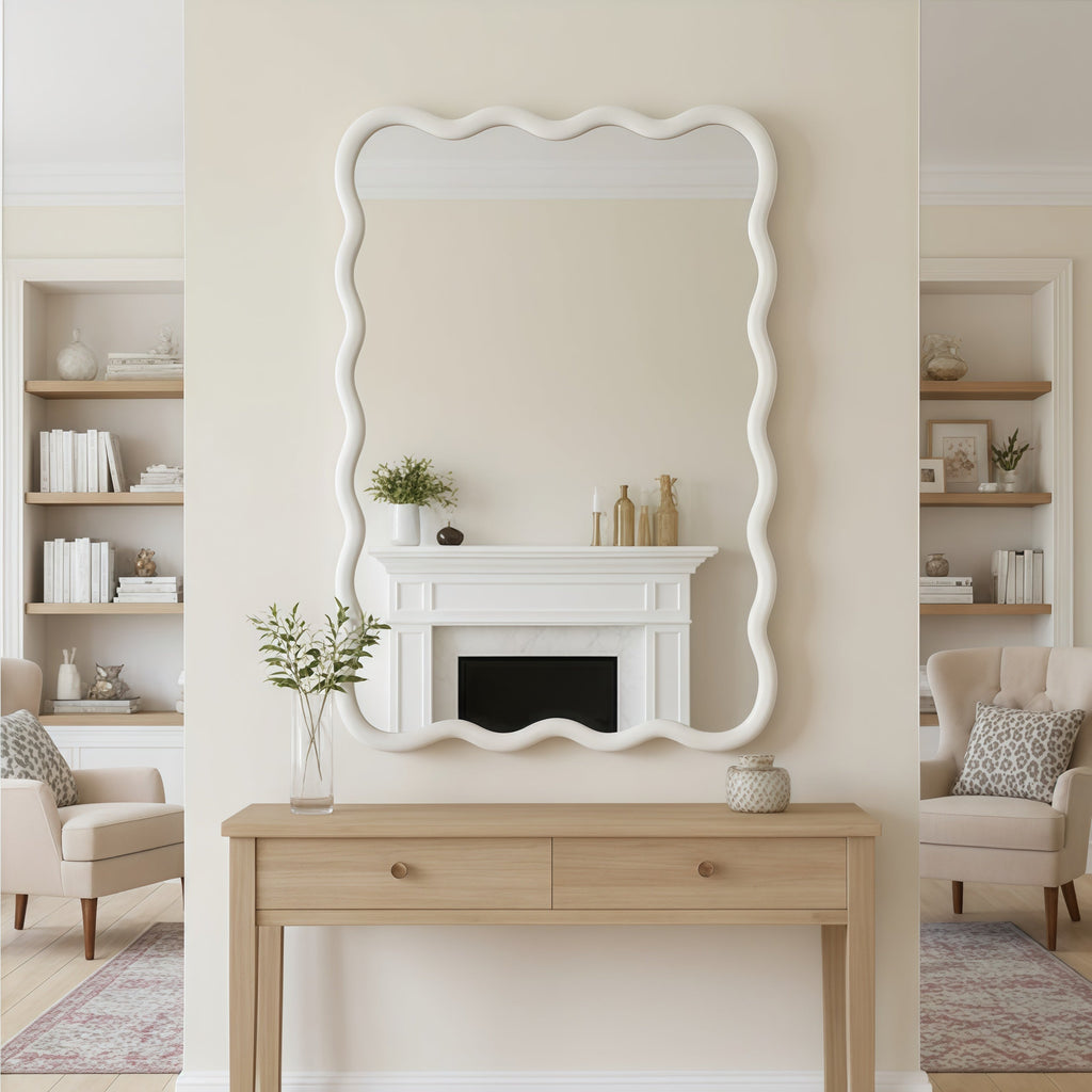 Large wavy rectangular solid wood mirror for bathroom vanity