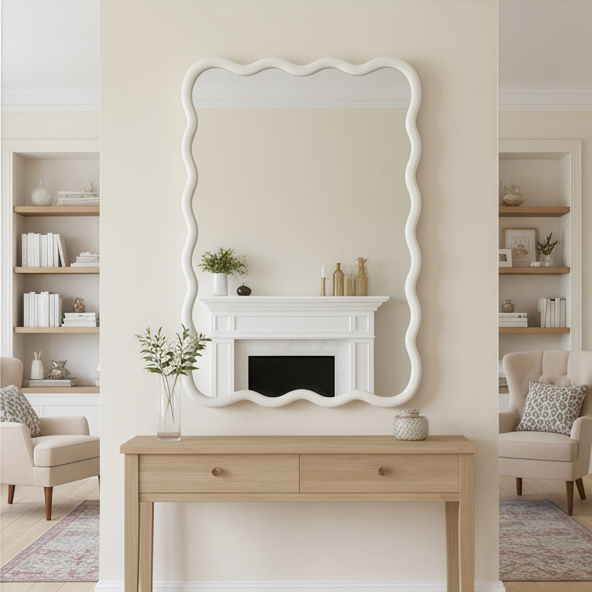 Large wavy rectangular solid wood mirror for bathroom vanity
