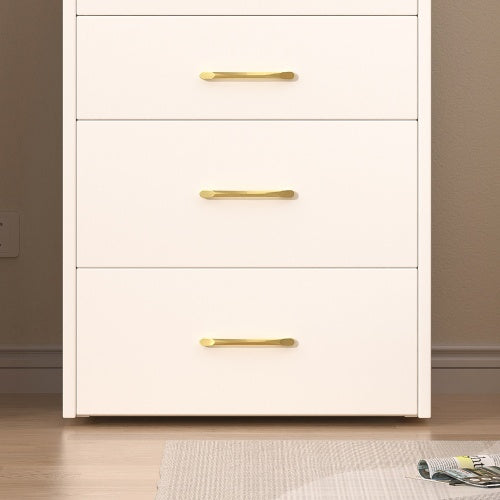 White compact vanity with visible glass desktop and storage
