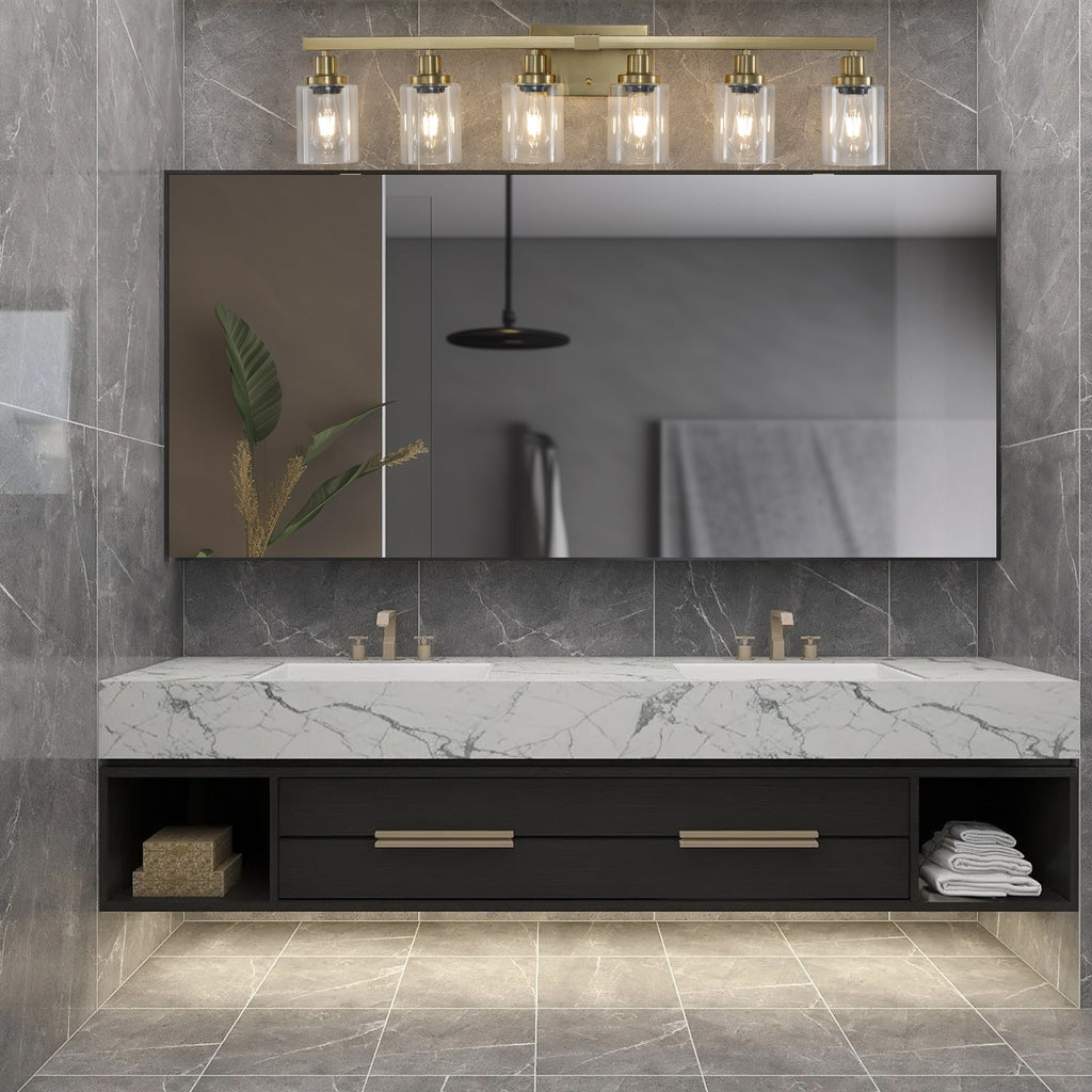 Modern gold six-light bathroom wall light with clear cylindrical shades