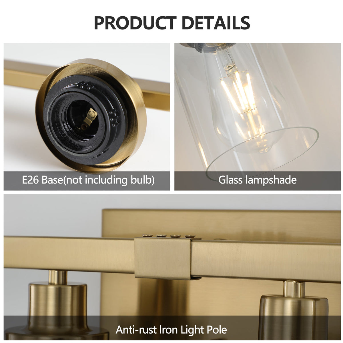 Six E26 socket bathroom vanity fixture with clear glass shades