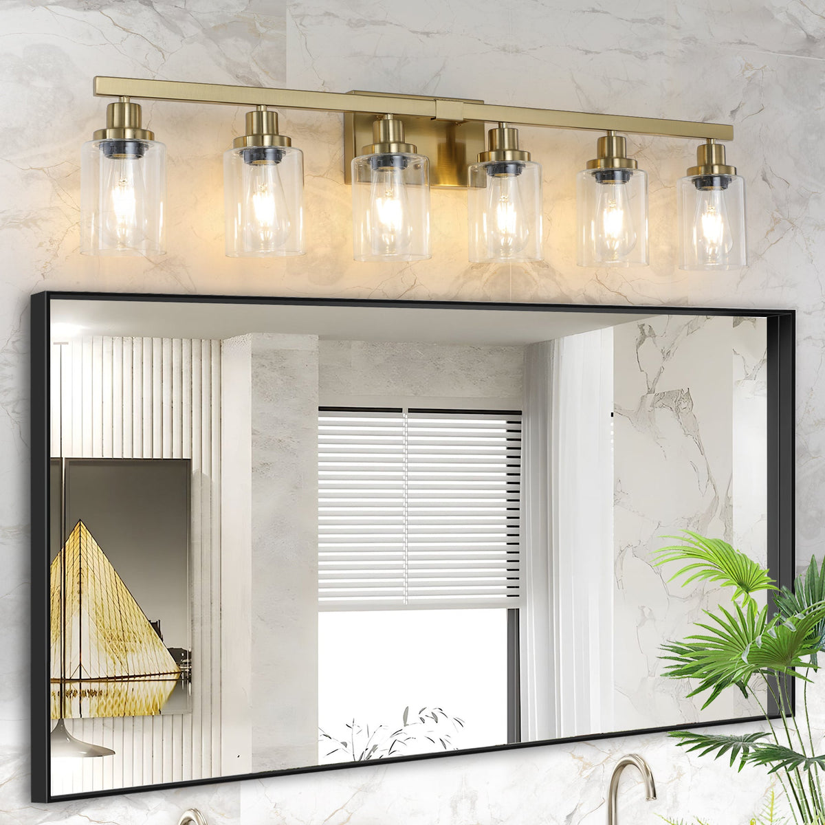 Golden six-light bathroom vanity light with clear glass shades above mirror