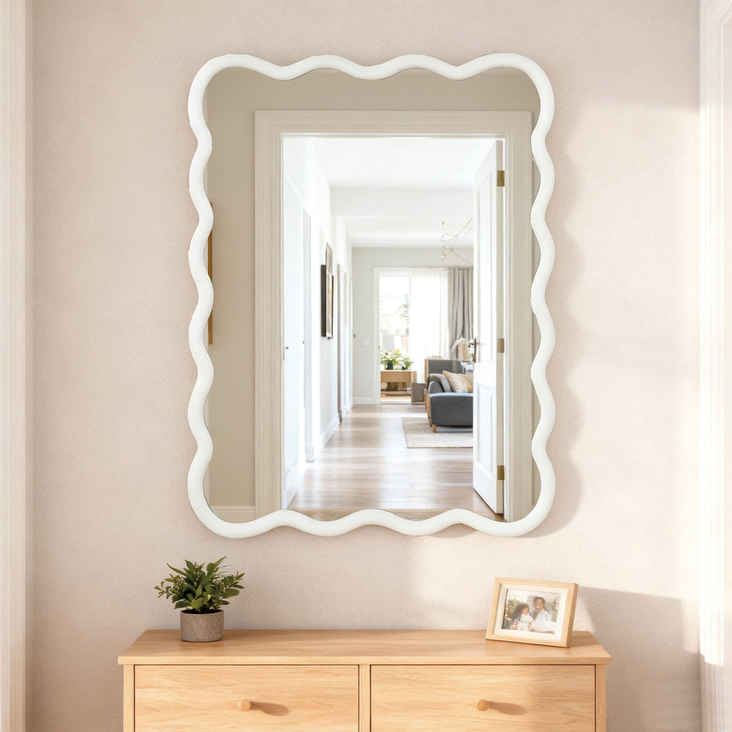 Large wavy rectangular solid wood mirror for bathroom vanity