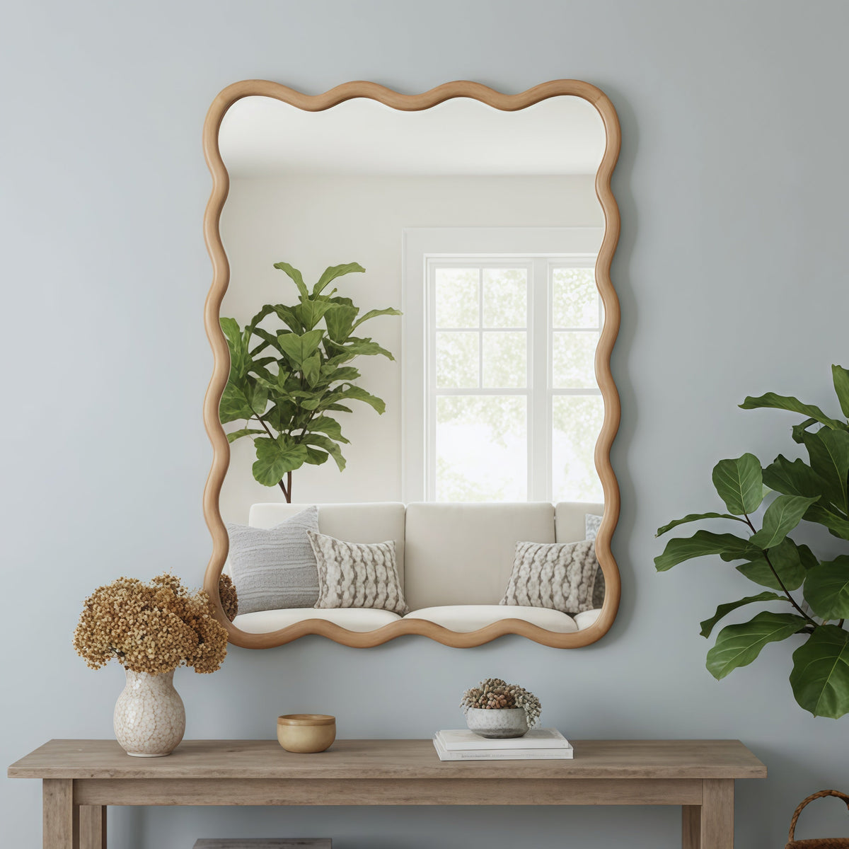 30x40 wavy wood-frame mirror shown as bathroom wall decor
