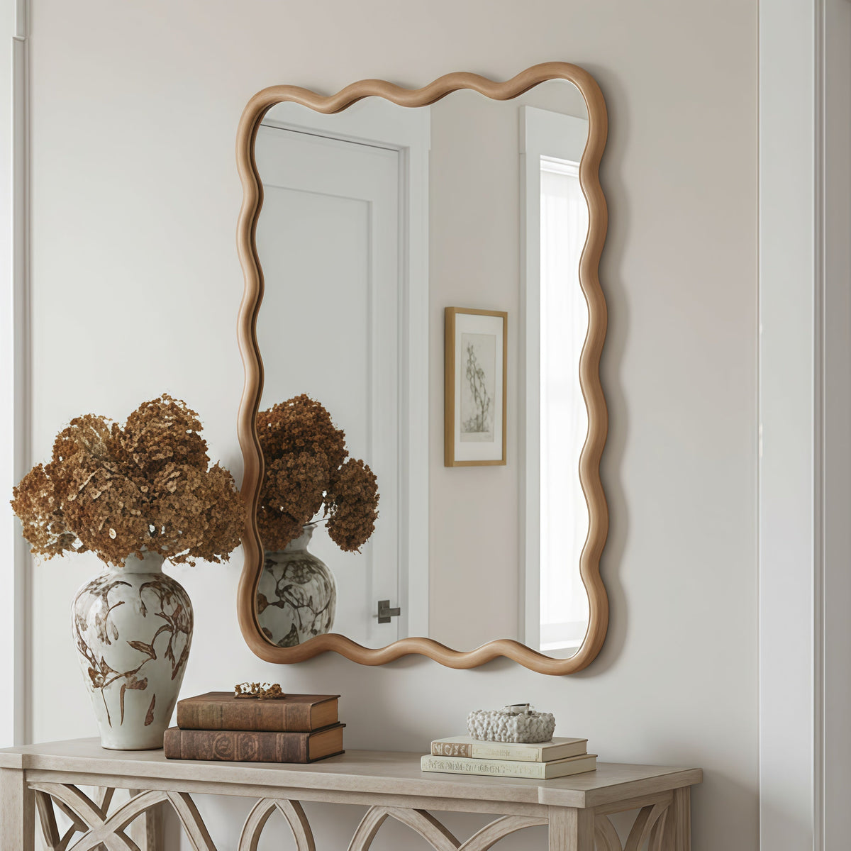 30x40 wavy solid wood bathroom mirror in a styled vanity setting