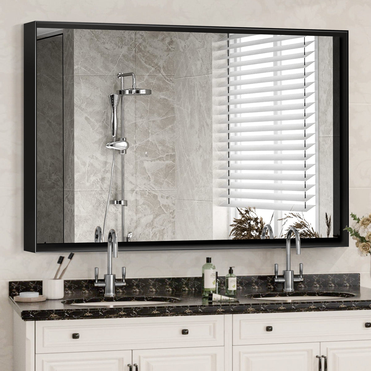 40×30 glossy black bathroom mirror above a modern vanity