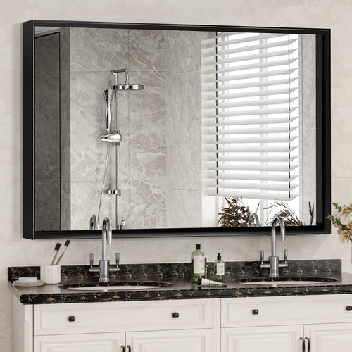 40×30 glossy black bathroom mirror above a modern vanity