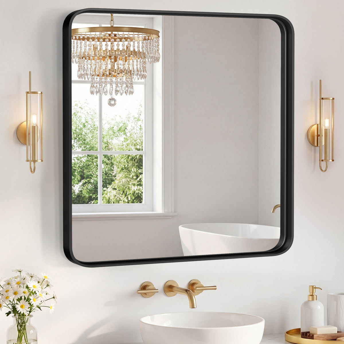 Rectangular bathroom mirror with rounded corners and metal frame — product view 10