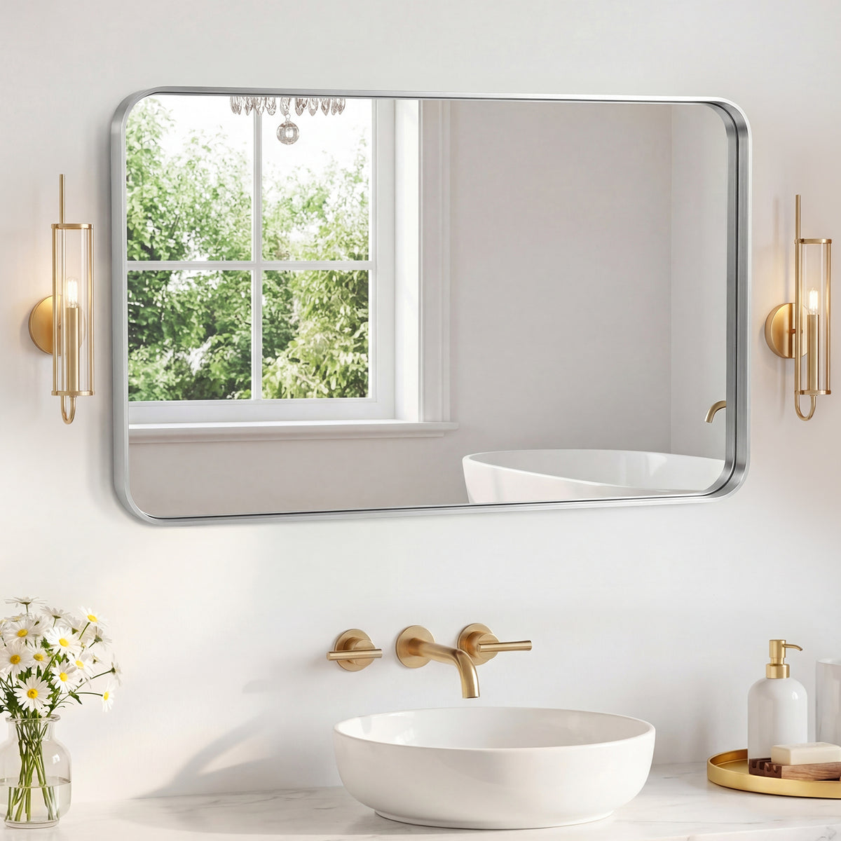 Rectangular wall mirror mounting and frame detail