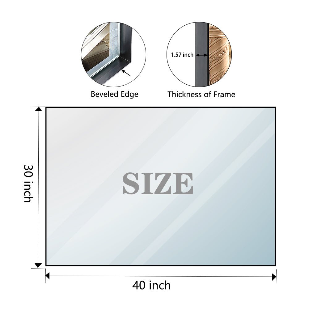 Black framed bathroom mirror installation hardware and packaging