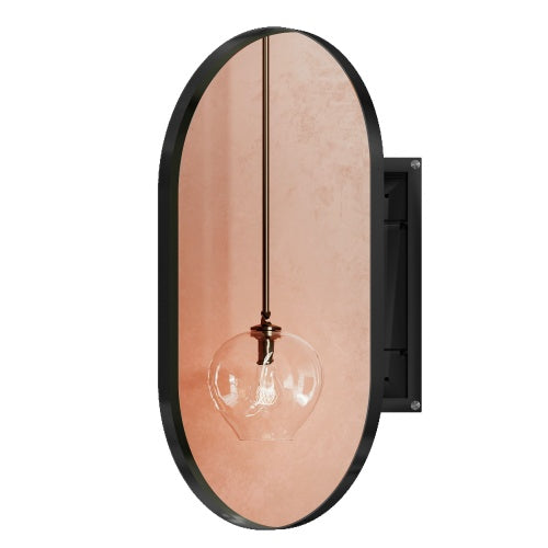 Surface-mounted oval medicine cabinet with matte black frame