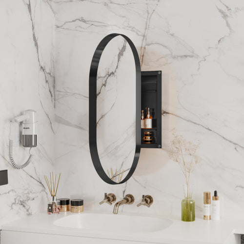Recessed oval medicine cabinet with mirror and storage